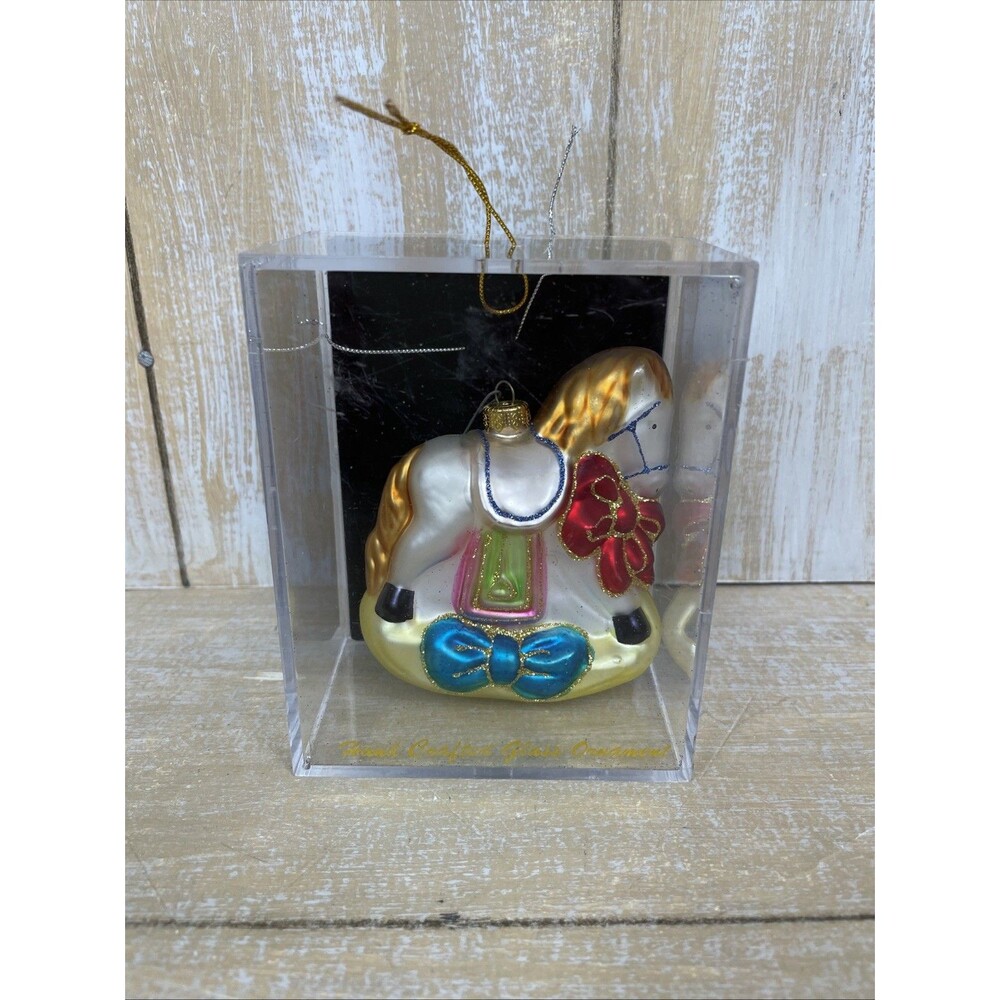 Vintage Rocking Horse With Presents Blown Glass Christmas Ornament 5"
